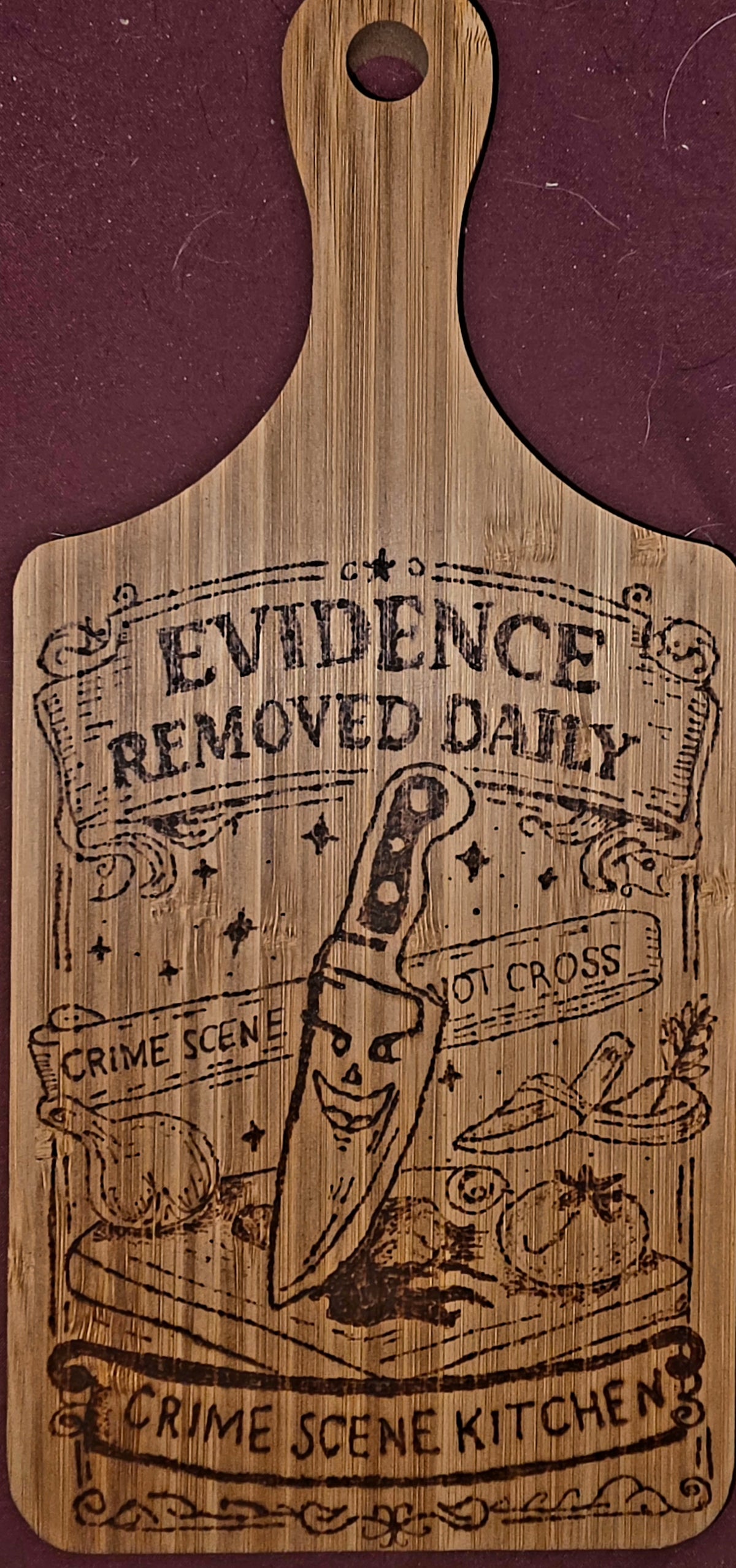 “Crime Scene Kitchen” Hand-Burned Bamboo Cutting Board