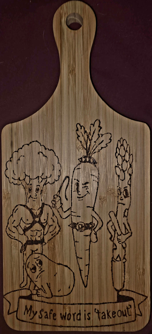 “My Safe Word Is Takeout” Hand-Burned Bamboo Cutting Board